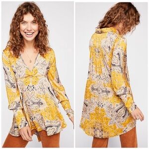 Free People Field Of Butterflies Tunic Yellow/Gold Paisley Print Boho Top Size S